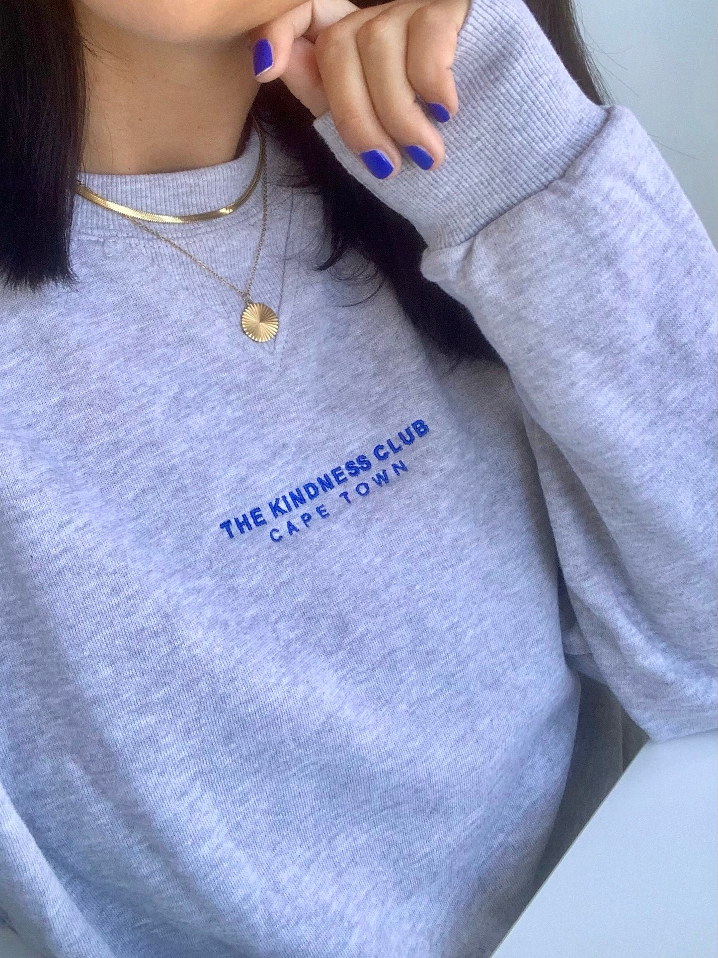 Unisex Crew Neck Sweater grey with blue embroidery